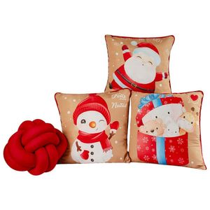 Kit Almofadas Nó Natalina Presente Bege Vermelho 04 Peças