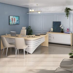 Conjunto Consultório 2 Peças Mesa Diretor Em L Com Balcão Artany Carvalho/Branco