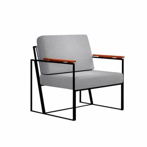 Poltrona Roma Cinza Com Rattan E Base Em Metal Preto