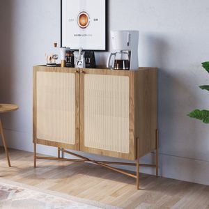 Balcão Bar 2 Portas 93Cm Palhinha Pé Metal Dourado Oslo Artesano Hanover/Dourado
