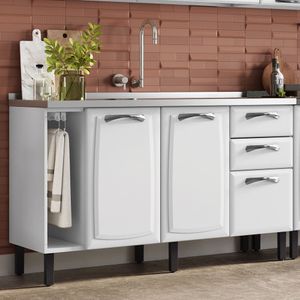 Balcão 140Cm 3 Portas E 2 Gavetas E Nicho Toalheiro Sem Tampo New Premium Branco