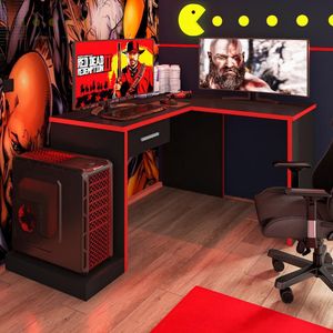 Mesa Em L Com Gaveta Adrianus Preto Vermelho