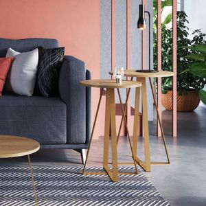 Conjunto 2 Mesas Laterais Redonda Industrial Artesano Hanover/Dourado