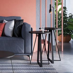 Conjunto 2 Mesas Laterais Redonda Industrial Artesano Preto