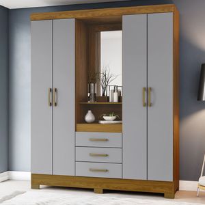 Guarda Roupa Casal Espelho 04 Portas 03 Gavetas B24 Briz Nature Cinza