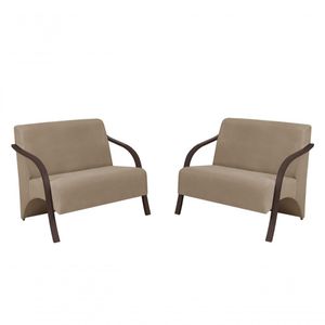 Kit 2 Poltronas 2 Lugares Suede Braço Madeira Cappuccino