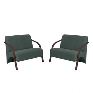 Kit 2 Poltronas 2 Lugares Suede Braço Madeira Turquesa