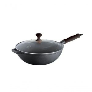 Panela Wok Ferro Fundido Tampa Vidro Preta 28Cm