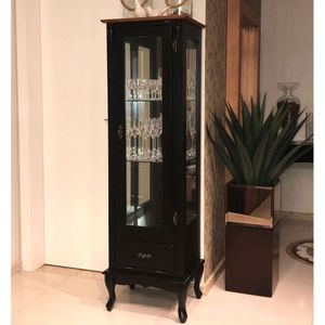 Cristaleira Vitrine Espelhada Antique Média 1 Porta 2 Prateleiras de Vidro 1 Gaveta 1079e Preta