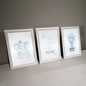 Kit 3 Quadros Decorativos Elefante Balão Azul 24x34cm