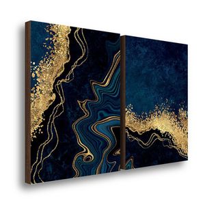 Kit 2 Quadros Decorativos Mármore Abstrato Azul Com Dourado 50x70cm