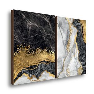 Kit 2 Quadros Decorativos Mármore Abstrato Cinza Com Dourado 50x70cm