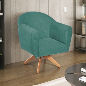 Poltrona Em Suede Base Giratória De Madeira Herrera Azul Tiffany