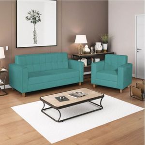 Kit Sofá 180cm E Poltrona Em Suede Dallas Azul Turquesa