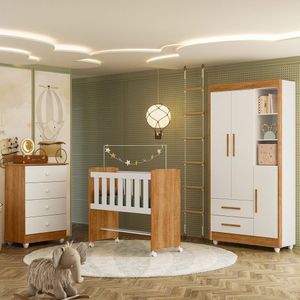 Quarto De Bebê Completo Com Cômoda, Mini Berço Com Colchão E Guarda Roupas Lila Amadeirado/branco