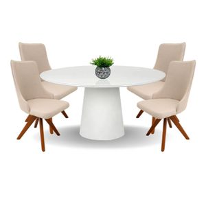 Conjunto Mesa De Jantar Cone 90 Cm Laca Branca + Vidro Com 4 Cadeiras Roma Giratória Cor Branco