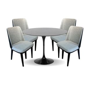 Conjunto Mesa De Jantar Saarinen 90 Cm Laca Preta Com 4 Cadeiras Londres Revestida Em Tecido Linho E Courino Cor Preto
