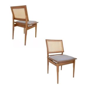 Conjunto De 2 Cadeiras Madeira Maciça Detalhe De Tela Sextavada E Assento Em Linho Cor Marrom