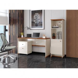 Conjunto Escritório Mesa Armário Gaveteiro Offwhite Naturale