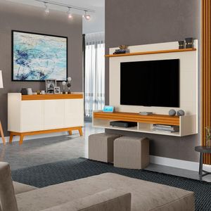 Conj Sala De Estar Painel 136cm E Buffet Off White/Cedro