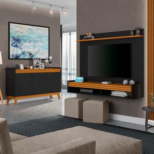 Conj Sala De Estar Painel 136cm E Buffet Ripado Preto/Cedro