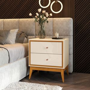 Mesa De Cabeceira Com 2 Gavetas Pés Em Madeira 58cm Offwhite/Cedro