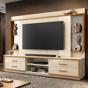 Home Para Tv Até 75" Com Espelho 4 Gavetas Offwhite/Cedro