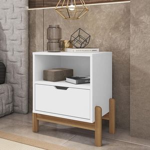 Mesa De Cabeceira 1 Gaveta Pés Madeira Maciça Branco