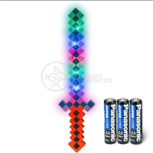 Kit Brinquedo Espada Pixel Minecraft 58cm C/Som Luz+3 Pilhas