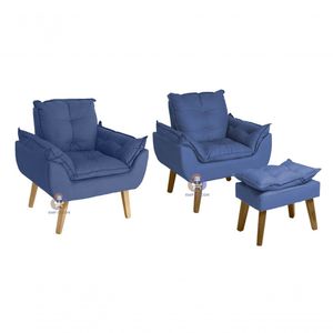 Kit 02 Poltrona Decorativa E Puff Opala Azul Marinho Smf Decor
