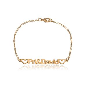 Pulseira Com Nome Do Casal E Corações Vazados Folheado Em Ou