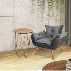 Kit Poltrona Opala Com Mesa Lizie Ferro Dourado Tampo Redondo Castanho Suede Cinza - Amey Decor
