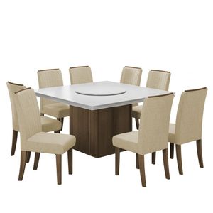Conjunto De Mesa Sala De Jantar Com Tampo Giratório Amesterdã 1,36m 8 Cadeiras Grécia Cedro / Off White / Bege