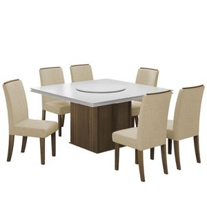 Conjunto De Mesa Sala De Jantar Com Tampo Giratório Amesterdã 1,36m 6 Cadeiras Grécia Cedro/Off White/Bege