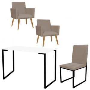 Kit 2 Poltronas Com Cadeira E Mesa Tampo Branco Preto Sintético Bege