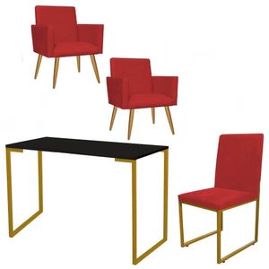 Kit 2 Poltronas Com Cadeira E Mesa Tampo Preto Dourado Vermelho