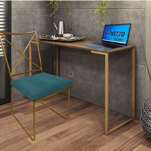 Kit Cadeira E Mesa Ferro Dourado Tampo Mdf Freijó Suede Azul Turquesa