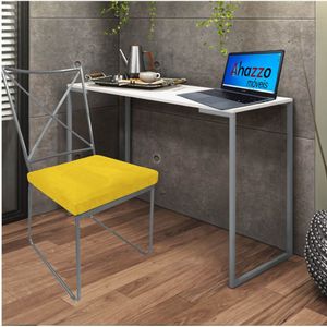 Kit Cadeira E Mesa Ferro Prata Tampo Mdf Branco Sintético Amarelo
