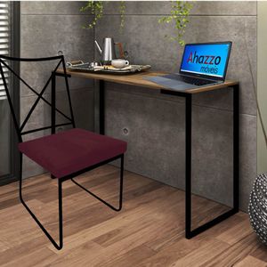 Kit Cadeira E Mesa Ferro Preto Tampo Mdf Castanho Suede Bordô