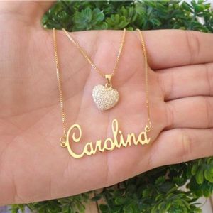 Gargantilha Dupla Manuscrito E Coração Cravejado Banhado A Ouro