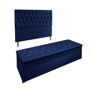 Kit Cabeceira Calçadeira Baú Casal 140cm Azul Marinho