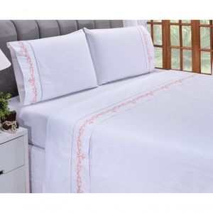 Jogo Lençol Imperial Quarto Casal Queen Bordado 4 Peças 2fronha Cor: Branco Com Salmão