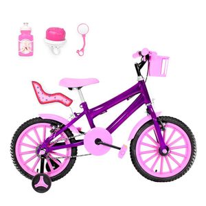 Bicicleta Infantil Feminina Aro 16 Nylon + Kit Passeio E Cadeirinha Cor Violeta E Rosa