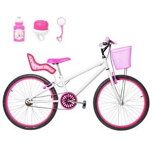 Bicicleta Feminina Aro 24 Alumínio Colorido + Kit Passeio E Cadeirinha Cor Branca E Pink