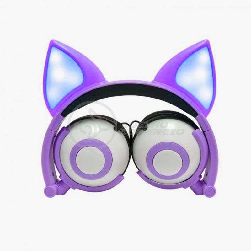 Fone de ouvido roxo com olhelha de gato