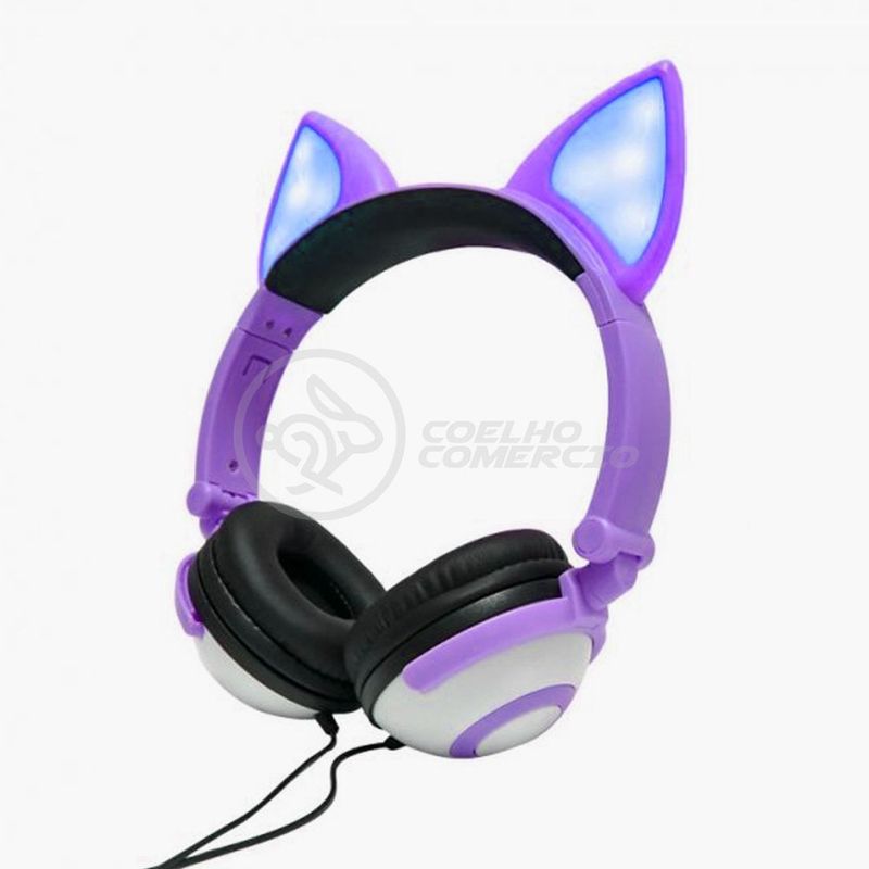 Fone de ouvido roxo com olhelha de gato