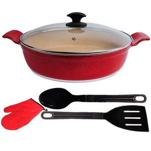 Frigideira Vermelha Marmorizado Talher E Luva 02 Aa 30cm