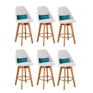 Kit 06 Banquetas Linho Bege E Almofada Suede Azul Turquesa
