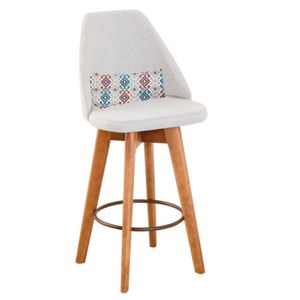 Banqueta Com Encosto Linho Bege Claro E Almofada Mosaico