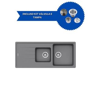 Cuba De Cozinha Em Quartzo Arell 201E + Válvula Cinza/Inox